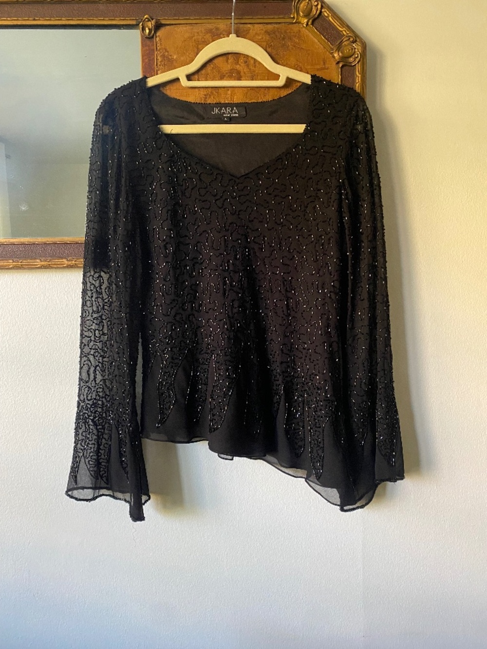 Vintage 1990s Black Sequin Asymmetrical Blouse Whimsygoth Witchy Large